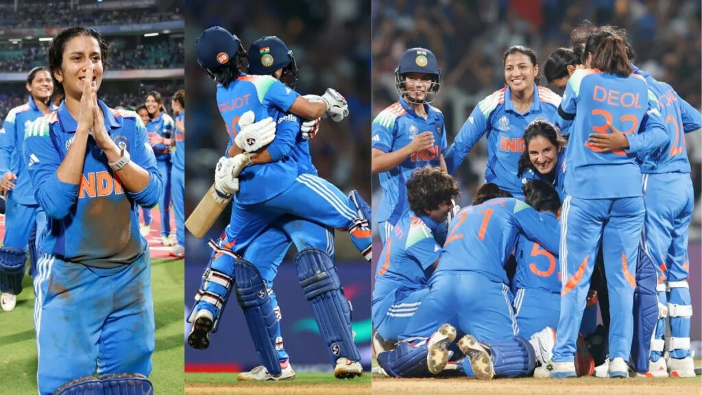 India women cricket team celebrates historic win against Australia — record run chase secures place in ICC Women’s World Cup 2025 final.