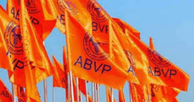 ABVP celebrates victory in JNUSU Election 2025, students cheering after winning eight seats in JNU science faculty