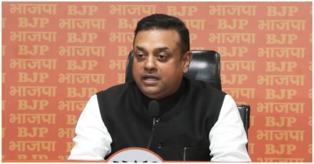 BJP spokesperson Sambit Patra accusing Rahul Gandhi’s team of running anti-India narrative through foreign social media accounts during press conference.