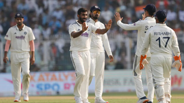 Jasprit Bumrah celebrates after taking a five-wicket haul against South Africa during the first Test at Eden Gardens.