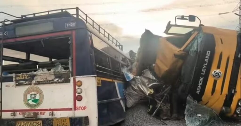 Telangana Ranga Reddy road accident scene after bus and dumper collision, rescue operation underway.