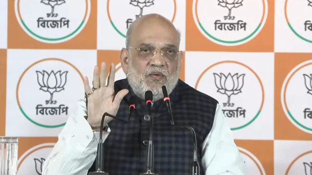 Union Home Minister Amit Shah addressing a press conference ahead of the West Bengal Assembly elections.