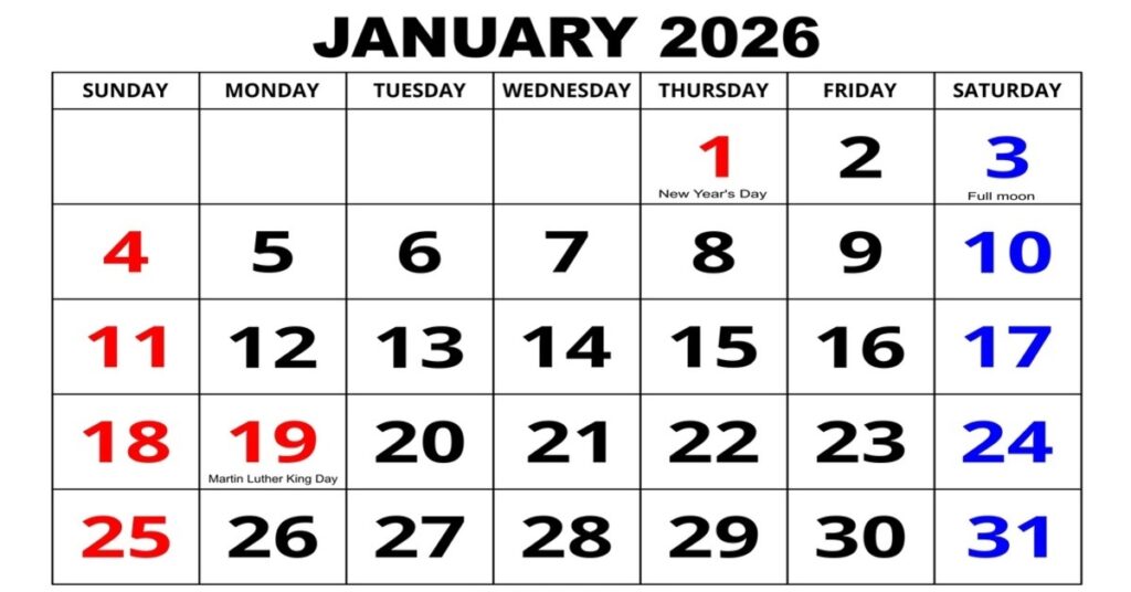 January 2026 calendar showing important festivals, national and international days