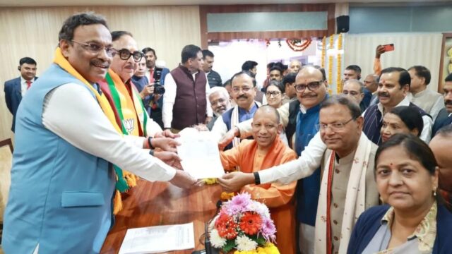 Pankaj Chaudhary filing nomination for UP BJP state president with CM Yogi Adityanath as proposer at BJP headquarters in Lucknow.