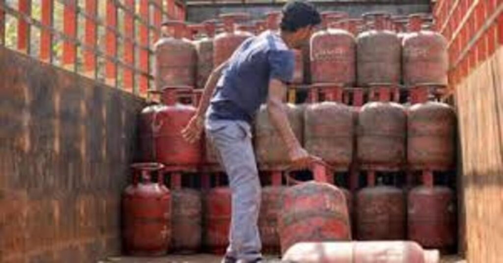 LPG gas cylinders stacked at a distribution center as the Indian government enforces ECA to prevent hoarding