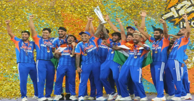 Indian cricket team celebrating ICC T20 World Cup 2026 Win
