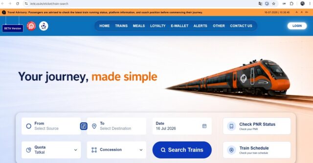 IRCTC new beta website launched with modern design, faster ticket booking process and improved user interface.