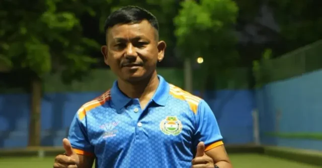 Putul Sonowal celebrates after defeating world champion Ryan Bester in Lawn Bowls at the Commonwealth Games 2026